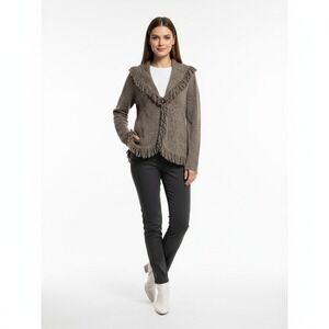 301-005 Susan Bristol Women's M Gray Knit Fringe Cardigan‎ Sweater